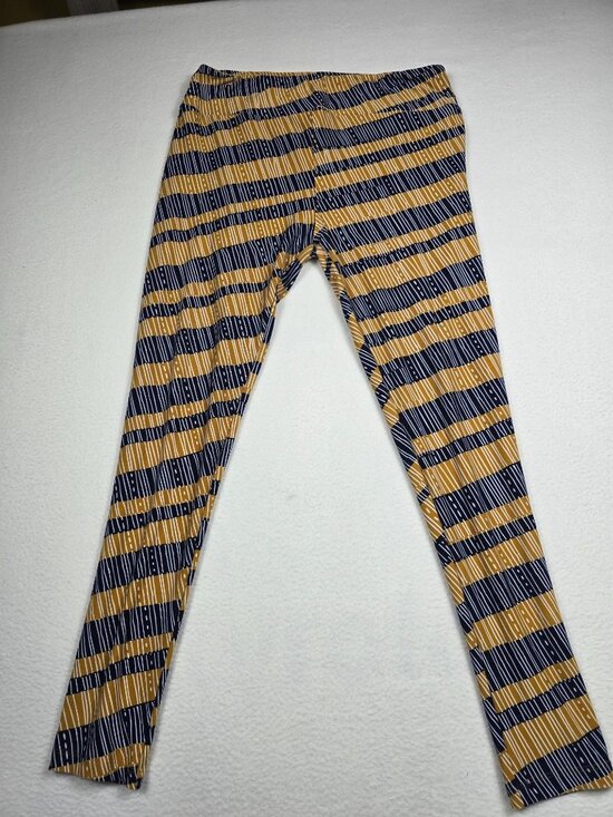 LuLaRoe Pants - LuLaRoe Tall & Curvy OS Striped Leggings Yellow & Navy Stretch Fabric